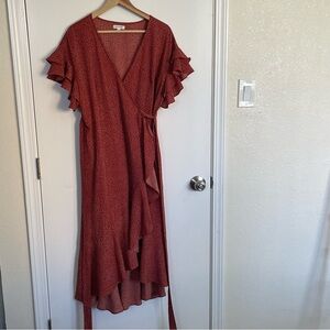 Max Studio Orange Wrapped Patterned Dress, Ruffled Dress, Size Large